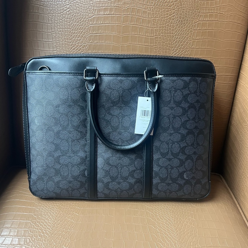 Coach Metropolitan Slim Brief Signature Canvas Crossbody Bag Charcoal MSRP $595 - Picture 2 of 4